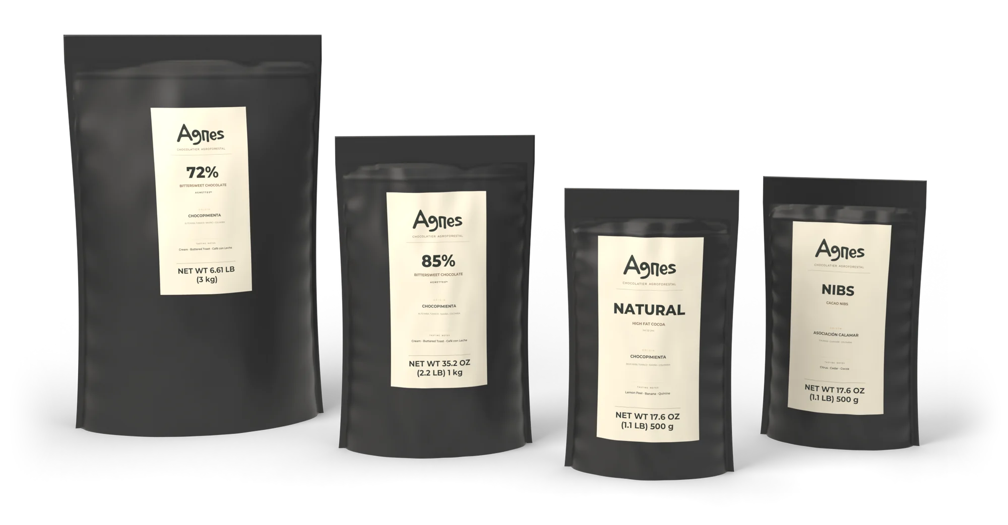 Agnettes y cacao Agnes en bolsas: 72% 3 kg, 85% 1 kg, cacao natural 500 g y nibs 500 g